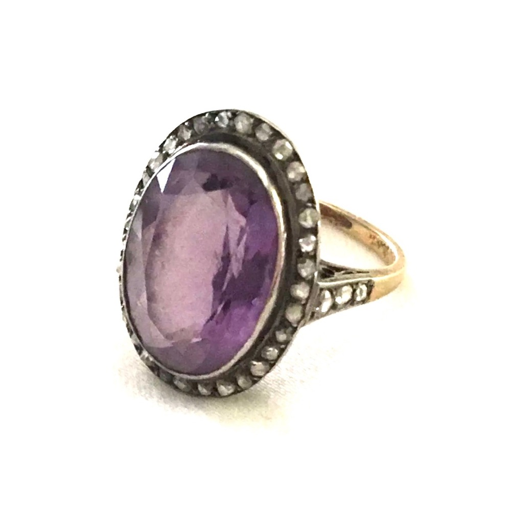 Antique Amethyst Diamond Italian 14k Art Deco Ring
